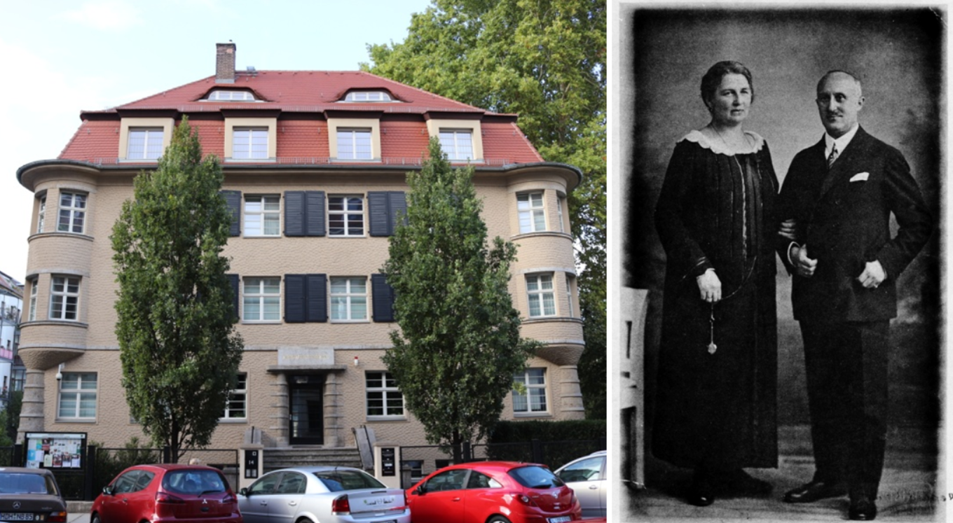 Bild von Haus (links), historisches Bild von zwei Personen (rechts)