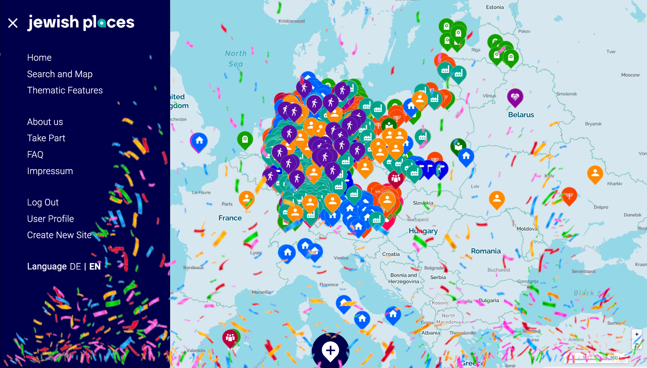 Screenshot der Jewish-Places-Karte mit Konfetti