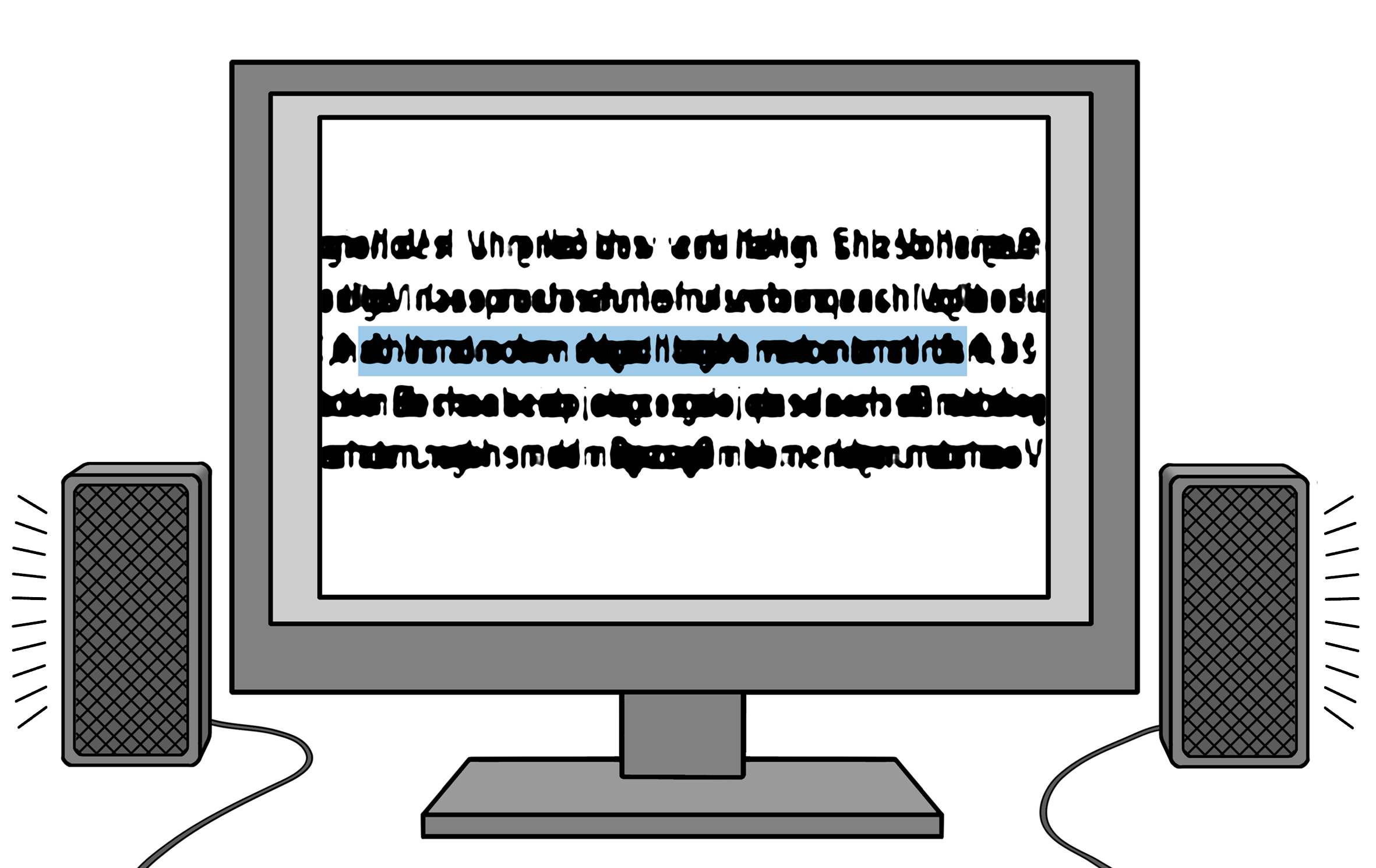 ein Computer mit Musikboxen, die den Text auf dem Bildschirm laut wiedergeben