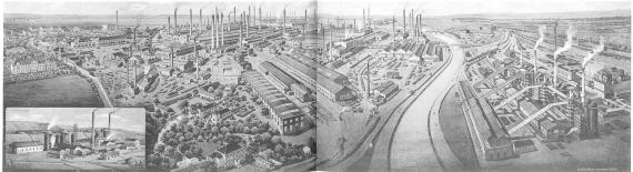 enlarge and show information about the pictureDillinger Hütte with Old Castle and so-called New Castle, both hospitals (far left) and Prims around 1900 (Kunstanstalt Ecker & Pflug, Leipzig).