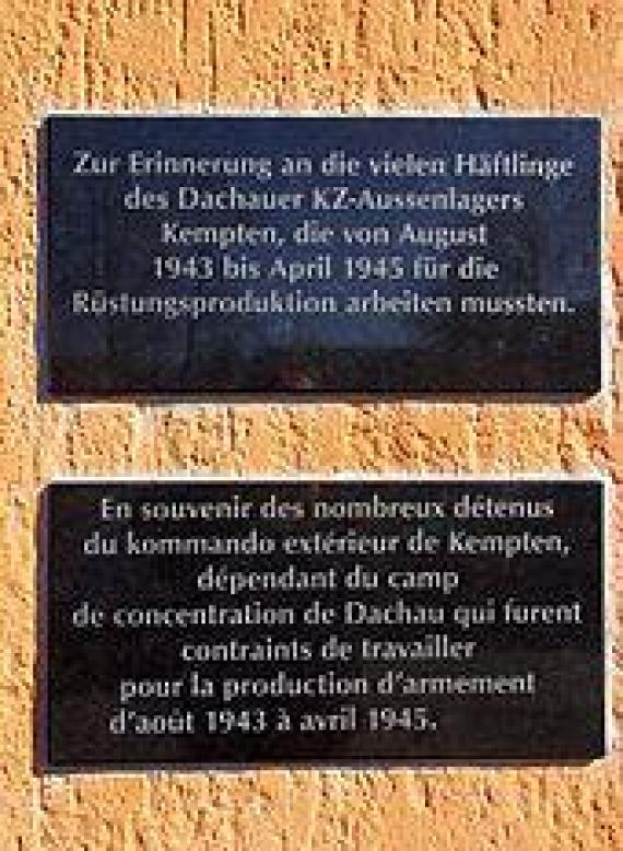 Memorial plaque to the Kempten subcamp at the animal breeding hall