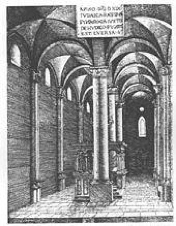 Interior of the Regensburg synagogue immediately before its destruction in 1519Etch by Albrecht Altdorfer