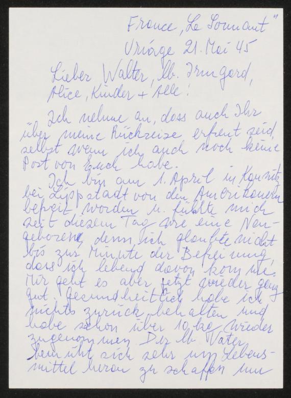 Brief, handschriflich, 9 Blatt Irmgard Brill schildert ihren Verwandten die Zeit von der Verhaftung in Grenoble bis zur Befreiung