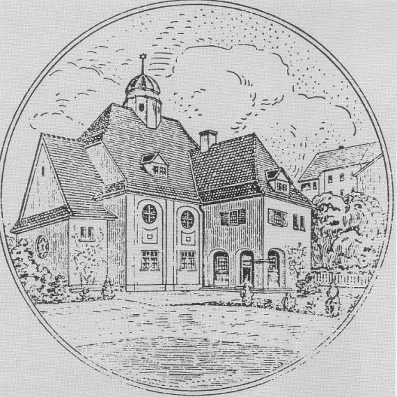 Black and white drawing of compact built synagogue in a circle