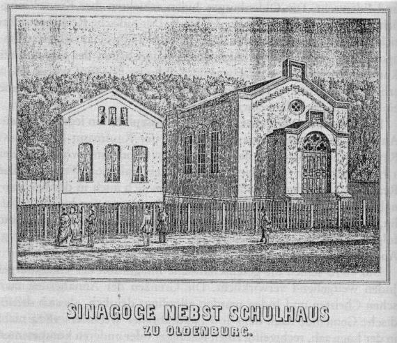 Die neue Oldenburger Synagoge an der Peterstraße wurde 1855 eingeweiht und ab 1904 umgebaut. Links daneben das Schul- und Gemeindehaus.