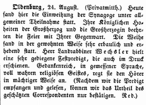 Über die Einweihung berichtete die Allgemeine Zeitung des Judenthums am 17. September 1855 unter der Rubrik „Zeitungsnachrichten“ (S. 485).