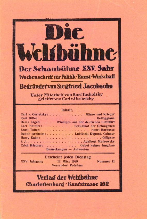 Ausgabe der Wochenschrift „Die Weltbühne“ vom 12.3.1929. Unter dem Titel „Windiges aus der deutschen Luftfahrt“ deckte Walter Kreiser alias Heinz Jäger die Aufrüstung der Reichswehr auf.