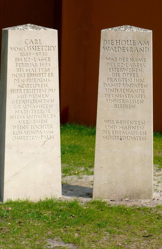 Memorial stone for Carl von Ossietzky at the main gate of the Esterwegen memorial site