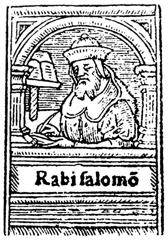 Rashi in an arch, working with a long beard and a headdress. Below it reads: "Rabi Solomon".