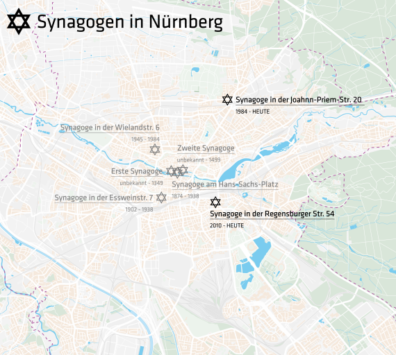 Die Karte zeigt sieben eingetragene Synagogen mit den Nutzungszeiträumen.