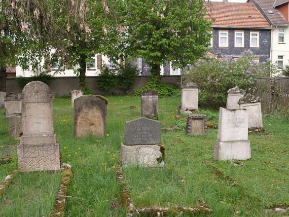 drei Reihen Grabsteine zwischen wucherndem Gras