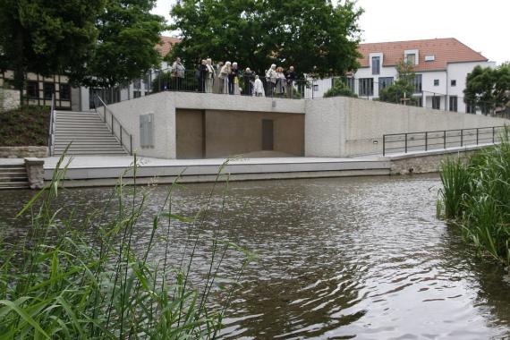 View from the water to the modern designed entrance area