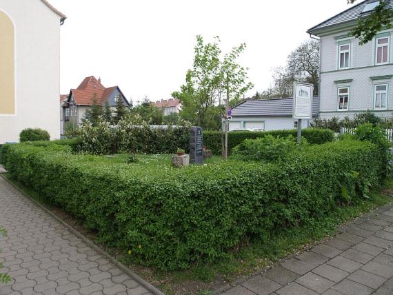 von einer Buchsbaumhecke umringter Gedenkstein