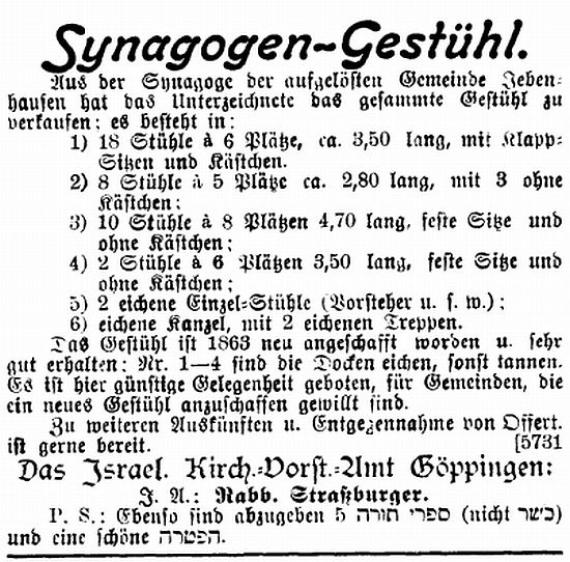 Anzeige aus der Wochenzeitung „Der Israelit“ vom 13. August 1900 zum Verkauf des „Synagogen-Gestühls“.