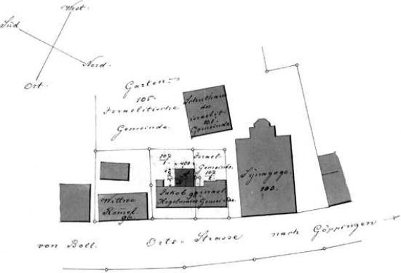 Der Lageplan von 1886 zeigt die Synagoge an der Ortsstraße (Nr. 100)