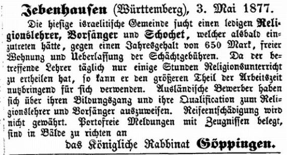 Stellenanzeige in der „Allgemeinen Zeitung des Judentums“ vom 15. Mai 1877