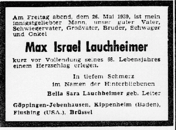Anzeige zum Tode von Max Lauchheimer am 26. Mai 1939. Die Namenszusätze „Israel“ und „Sara“ mussten ab Januar 1939 angegeben werden.