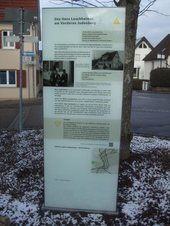 Seit 2017 erzählt auch eine Station des Jebenhäuser „Erinnerungsweges“ von der Familie Lauchheimer, die über 164 Jahre hier lebte. 