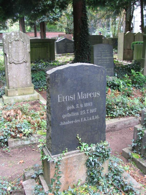 Dark gravestone with white letters of Ernst Marcus, killed in the First World War. Around gravestones and trees