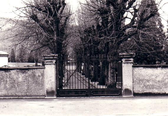 Black and white image, entrance gate to a cemetery