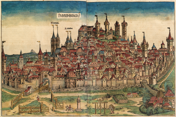 bunte Zeichnung der mittelalterlichen Stadt Nürnberg