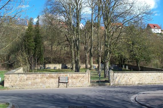 rechteckig eingefasster Friedhof, Eingang durch ein Eisentor