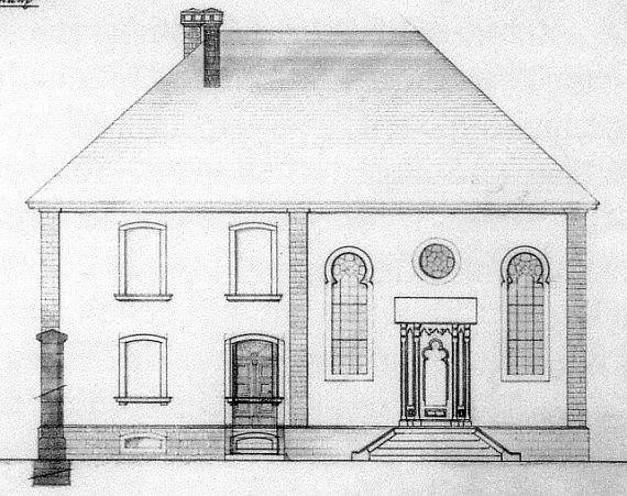 Drawing: two-storey building with entrance area on the right side