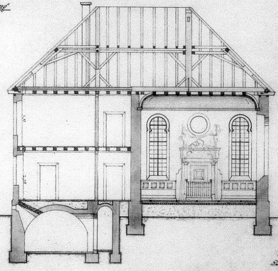 teilunterkellert, rechts der Altar, links kleinere Räume, kein ausgebauter Dachboden