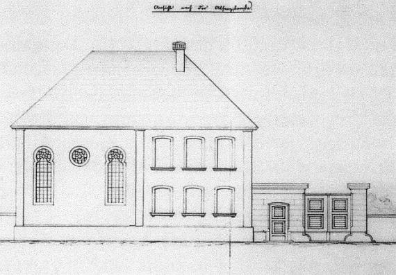 Drawing: left high windows, right on two floors low