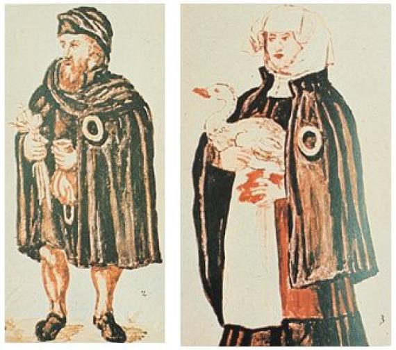 both in long capes, the man with a purse, the woman with a goose and a roast chicken