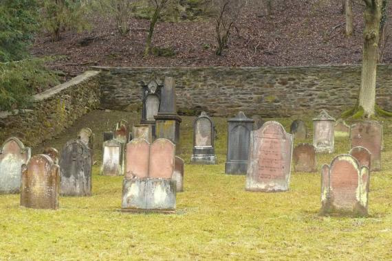 reddish tombstones with Hebrew inscriptions on the lawn