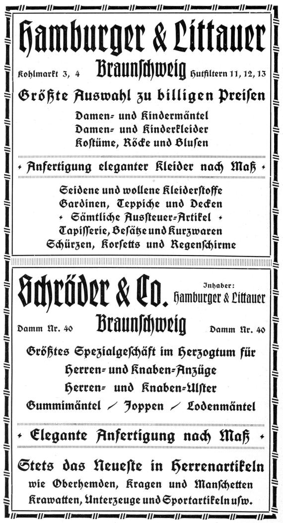Advertisement of the two Jewish department stores Hamburger & Littauer. Black fracture font on white background