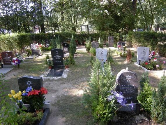 New gravestones planted with flowers with Hebrew inscriptions in the cemetery