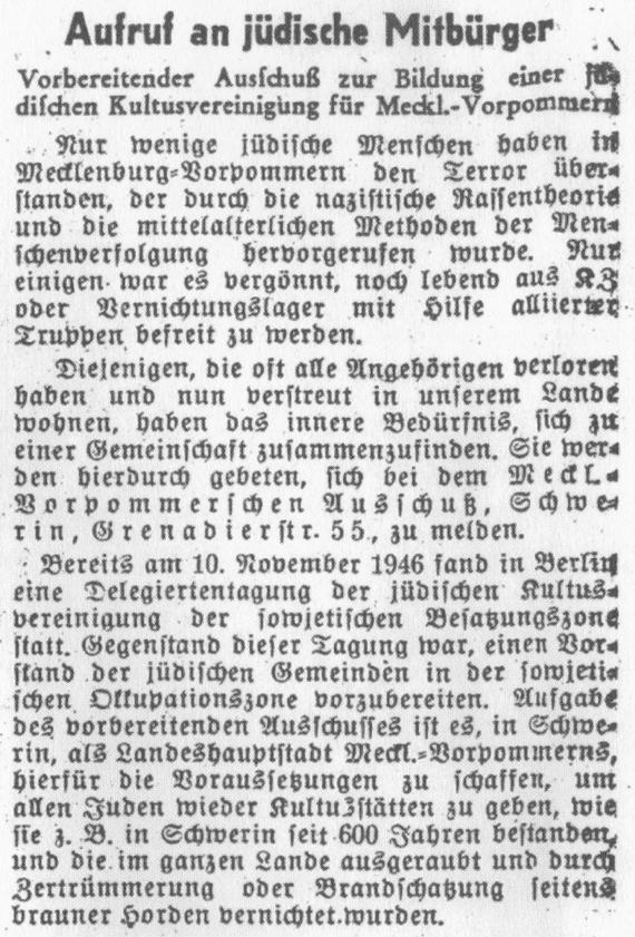 Appeal of the Preparatory Committee for the Formation of a Jewish Religious Association in the Landeszeitung der SED of January 8, 1947.