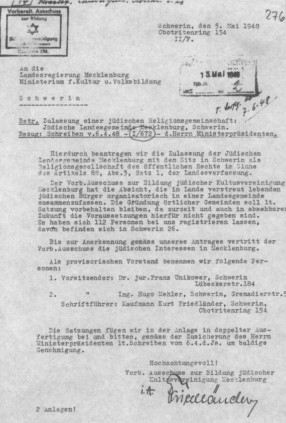 Application of the Preparatory Committee for Admission as Jewish Community of Mecklenburg, May 5, 1948.