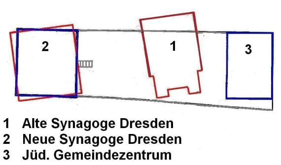 Skizze des Standorts der drei Gebäude: Neue Synagoge am ehemaligen Standort der Alten Synagoge und daneben das jüdische Gemeindezentrum