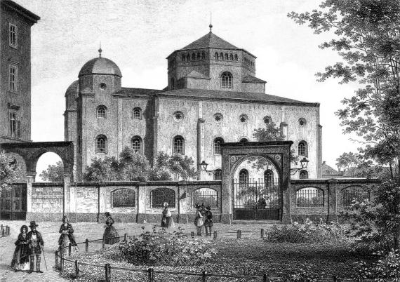 Zeichnung der Alten Synagoge. Großer Bau mit zwei Kuppeln vor einem großen, bepflanzten Platz