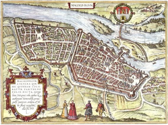 General view of Magdeburg (around 1572). In the south of the fortified city (right) was the cathedral, at the end of the Breite Weg the Old Sudenburg Gate.