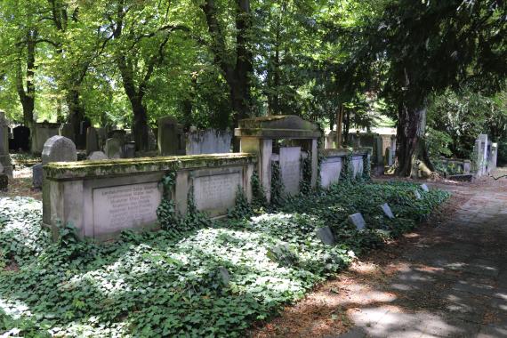 The grave of honor for the 36 fallen of the First World War was laid out at the northern end (view to the west). The Hebrew inscription quotes the "Lament of David" (2 Samuel 1:25-26): "How have the heroes fallen in battle! ... Woe is me for you, my brother..."