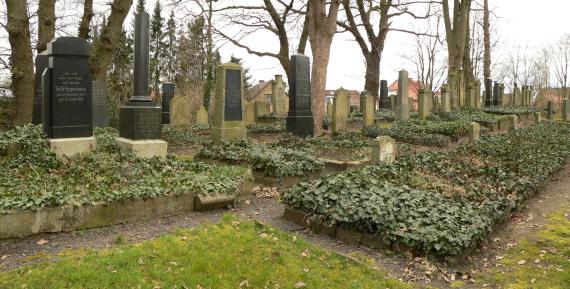 High gravestones on a burial ground at the Jewish Cemetery
