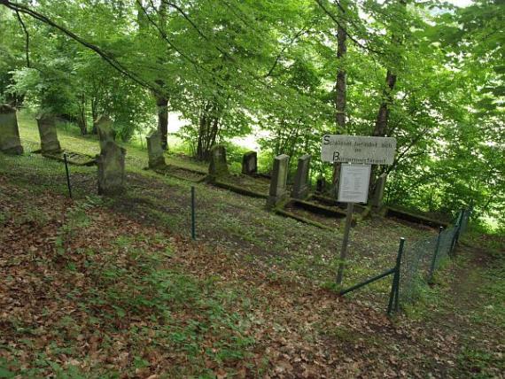 Picture of the sloping Liebenau cemetery, fenced graves, in front of it a notice board regarding the cemetery key.