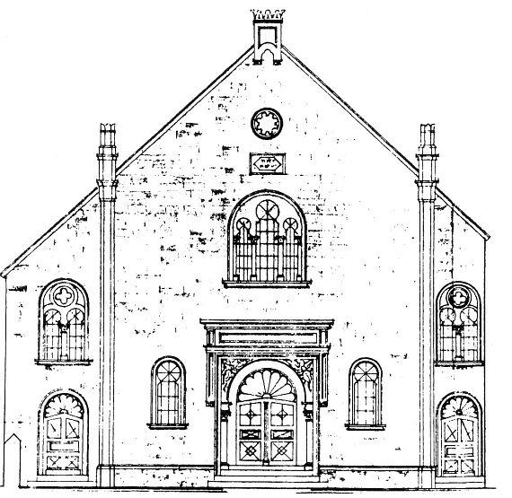 Zeichnung der Außenansicht der Synagoge mit spitzem Dach und zwei Türmen links und rechts