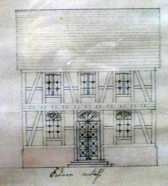 Vergilbter Bauplan des Eingangsbereichs (westliche Seite) von 1873