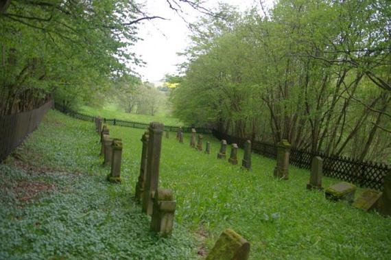 left and right a row of gravestones on the green lawn