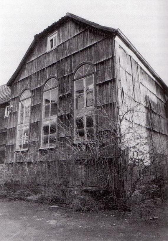 Black and white photograph of the old synagogue in Obertor Street