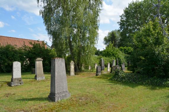 Partial view of the cemetery: single gravestones on the green lawn, around them trees