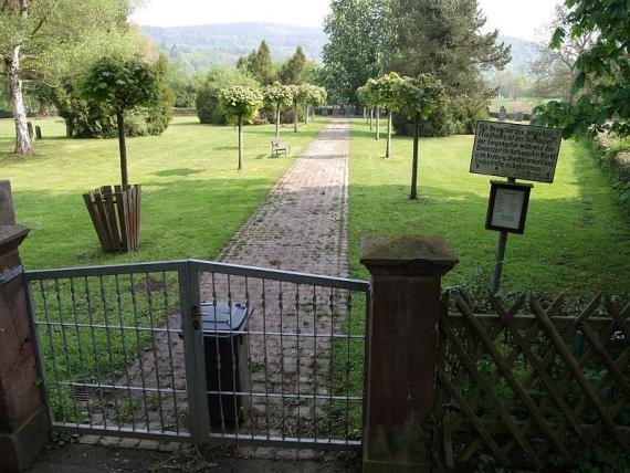 In the foreground an iron gate, behind it a lawn with scattered trees. A paved stone path leads across the lawn.