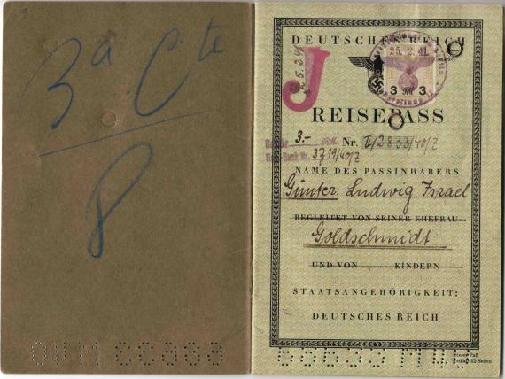 Passport of Günther Goldschmidt with red "J" stamp to indicate being Jewish