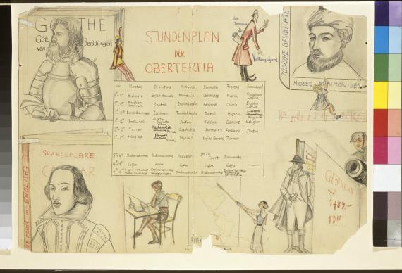 Hand-drawn timetable of a school in a table. Colorful drawing of poets and philosophers around the table.