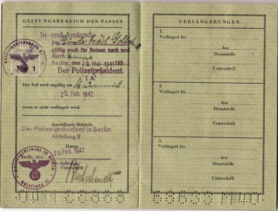 Reisepass von Günther Goldschmidt mit Stempel des Polizeipräsidiums